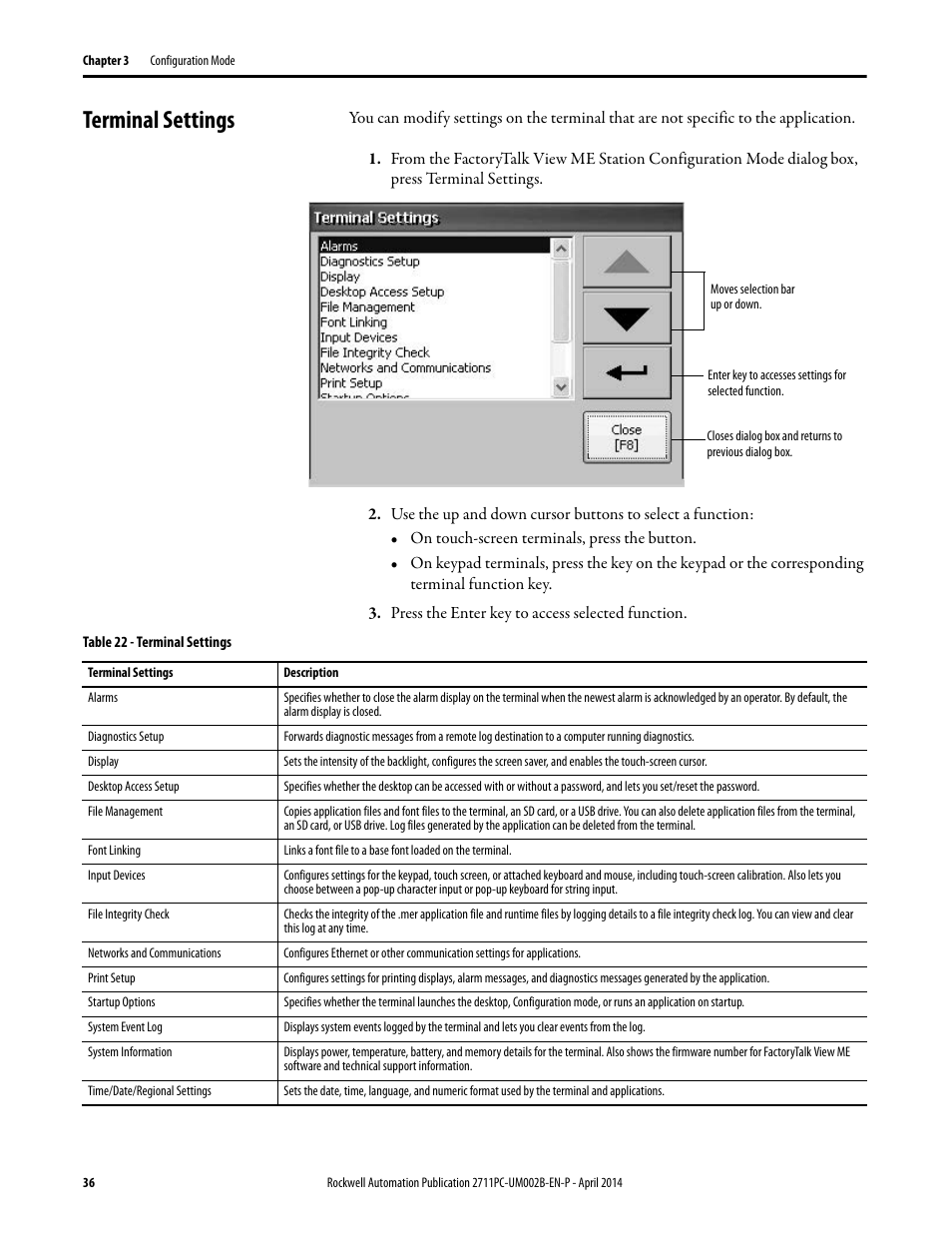 Terminal settings | Rockwell Automation 2711PC-xxxx PanelView Plus 6 Compact Terminals User Manual User Manual | Page 36 / 162