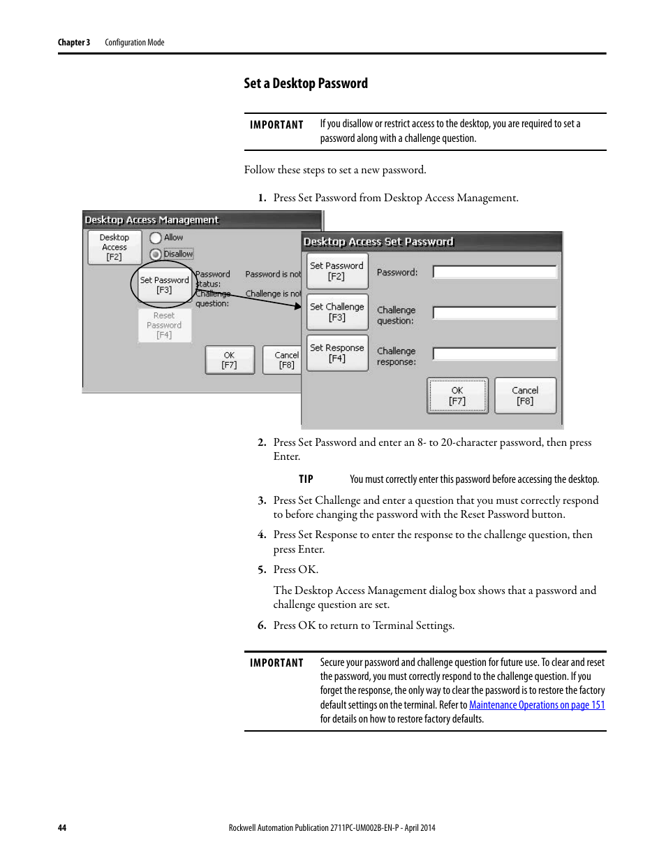 Set a desktop password, Refer to | Rockwell Automation 2711PC-xxxx PanelView Plus 6 Compact Terminals User Manual User Manual | Page 44 / 162