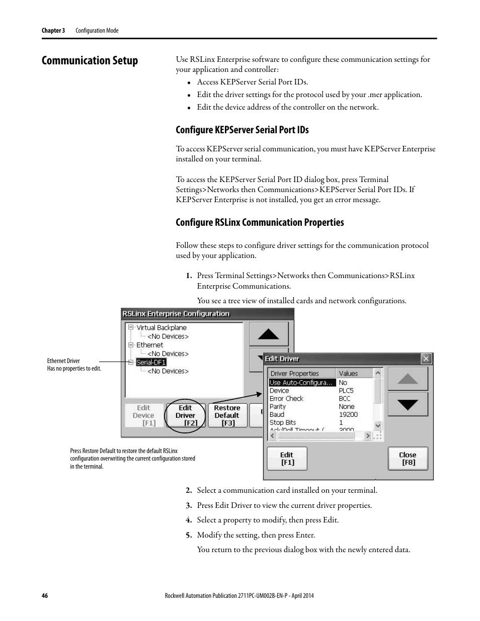 Communication setup, Configure kepserver serial port ids, Configure rslinx communication properties | Rockwell Automation 2711PC-xxxx PanelView Plus 6 Compact Terminals User Manual User Manual | Page 46 / 162
