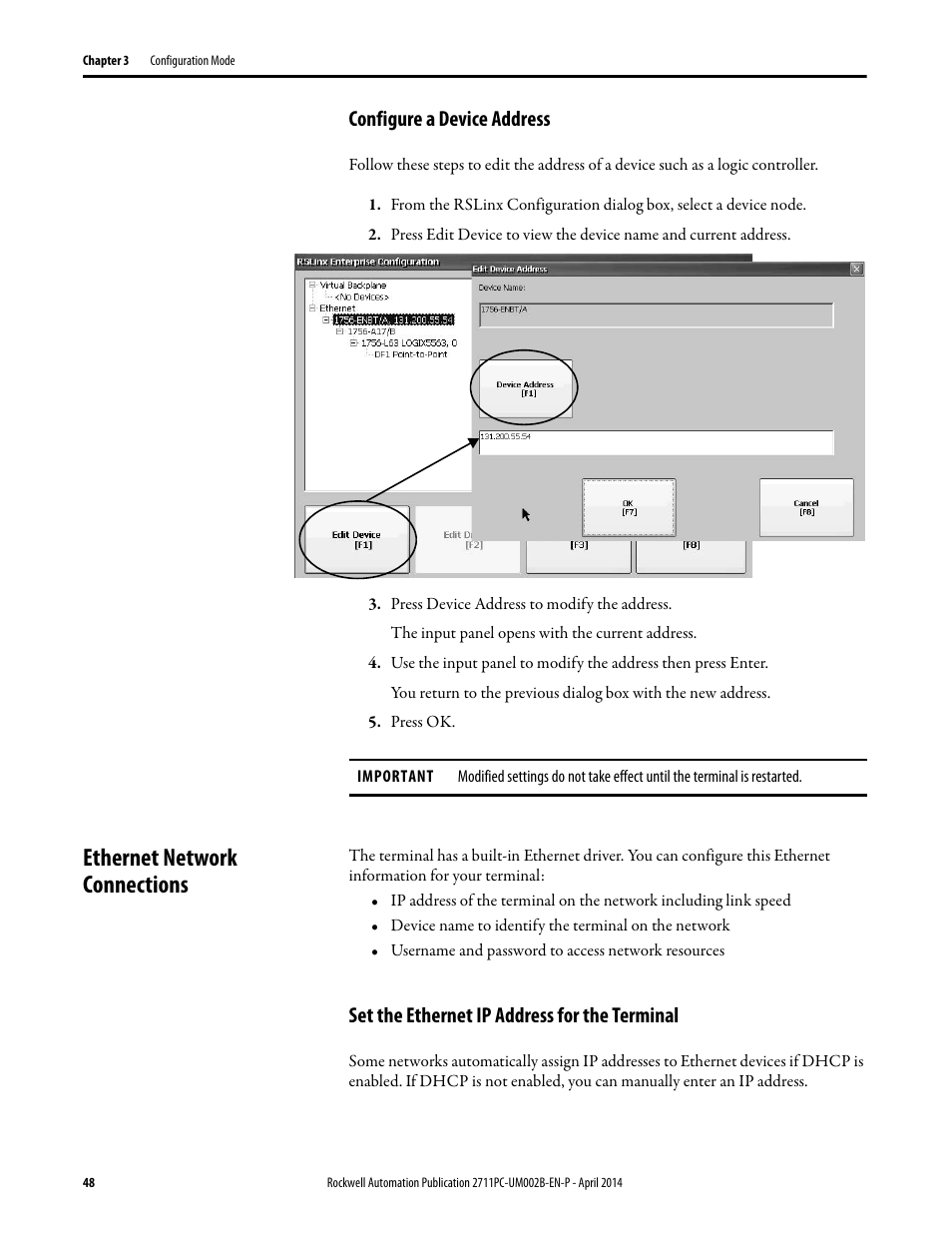 Configure a device address, Ethernet network connections, Set the ethernet ip address for the terminal | Rockwell Automation 2711PC-xxxx PanelView Plus 6 Compact Terminals User Manual User Manual | Page 48 / 162