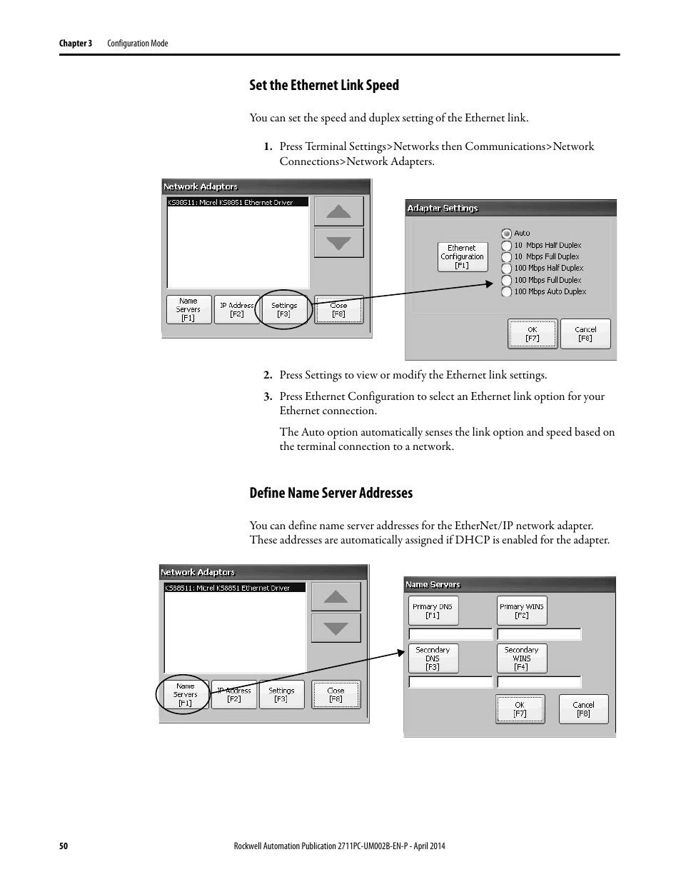 Set the ethernet link speed, Define name server addresses | Rockwell Automation 2711PC-xxxx PanelView Plus 6 Compact Terminals User Manual User Manual | Page 50 / 162