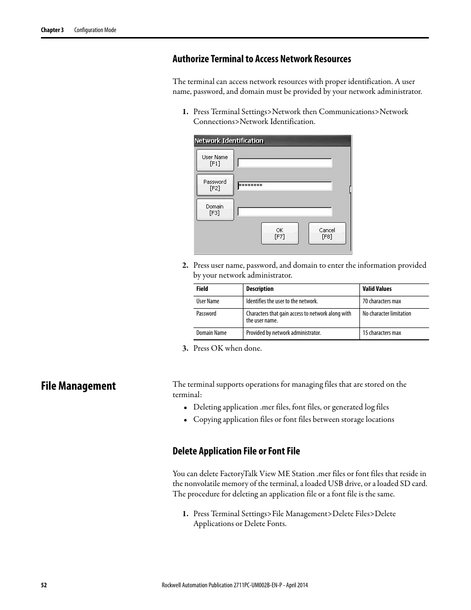 Authorize terminal to access network resources, File management, Delete application file or font file | Rockwell Automation 2711PC-xxxx PanelView Plus 6 Compact Terminals User Manual User Manual | Page 52 / 162