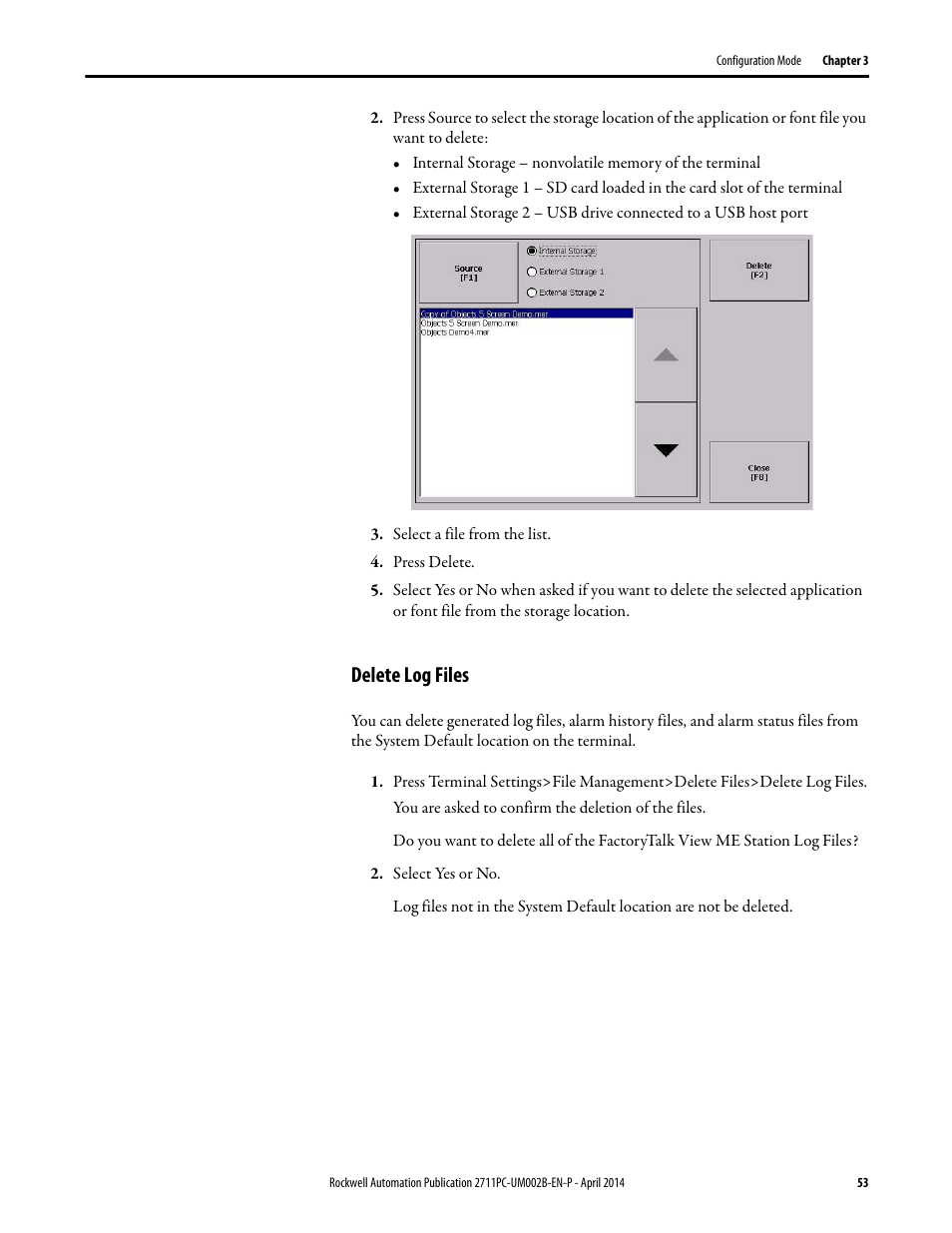 Delete log files | Rockwell Automation 2711PC-xxxx PanelView Plus 6 Compact Terminals User Manual User Manual | Page 53 / 162