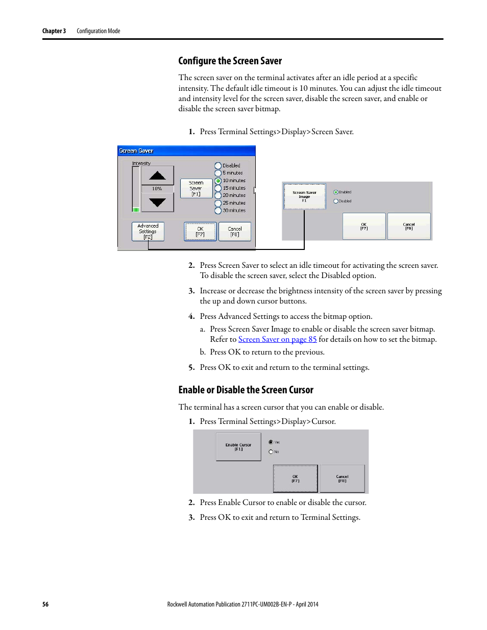 Configure the screen saver, Enable or disable the screen cursor | Rockwell Automation 2711PC-xxxx PanelView Plus 6 Compact Terminals User Manual User Manual | Page 56 / 162