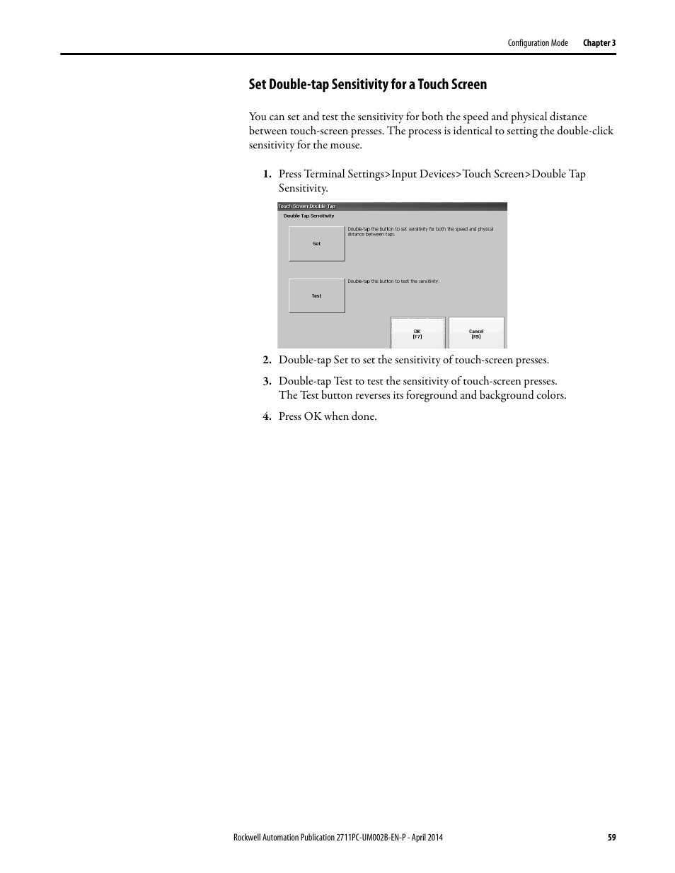 Set double-tap sensitivity for a touch screen | Rockwell Automation 2711PC-xxxx PanelView Plus 6 Compact Terminals User Manual User Manual | Page 59 / 162