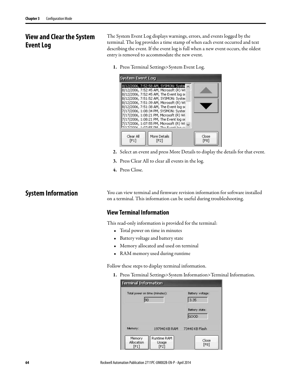View and clear the system event log, System information, View terminal information | Rockwell Automation 2711PC-xxxx PanelView Plus 6 Compact Terminals User Manual User Manual | Page 64 / 162