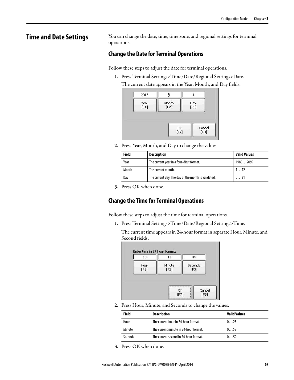 Time and date settings, Change the date for terminal operations, Change the time for terminal operations | Rockwell Automation 2711PC-xxxx PanelView Plus 6 Compact Terminals User Manual User Manual | Page 67 / 162