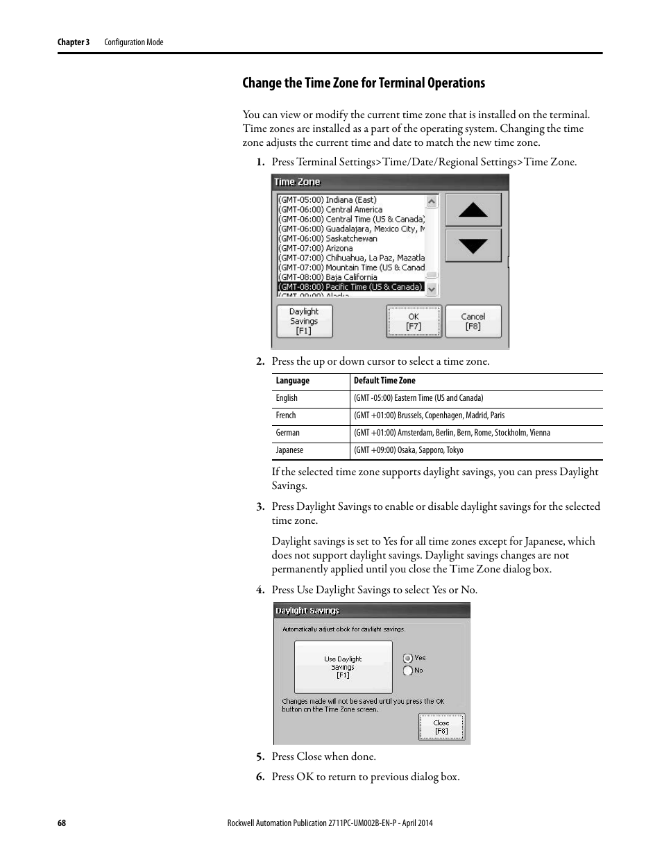 Change the time zone for terminal operations | Rockwell Automation 2711PC-xxxx PanelView Plus 6 Compact Terminals User Manual User Manual | Page 68 / 162