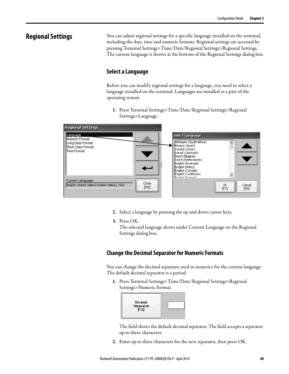 Regional settings, Select a language, Change the decimal separator for numeric formats | Rockwell Automation 2711PC-xxxx PanelView Plus 6 Compact Terminals User Manual User Manual | Page 69 / 162