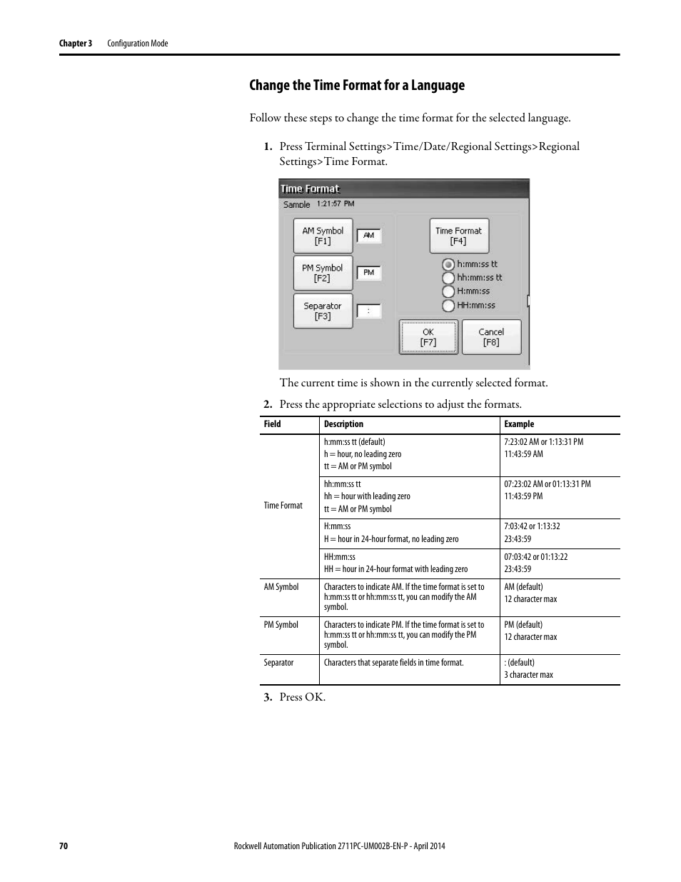 Change the time format for a language | Rockwell Automation 2711PC-xxxx PanelView Plus 6 Compact Terminals User Manual User Manual | Page 70 / 162