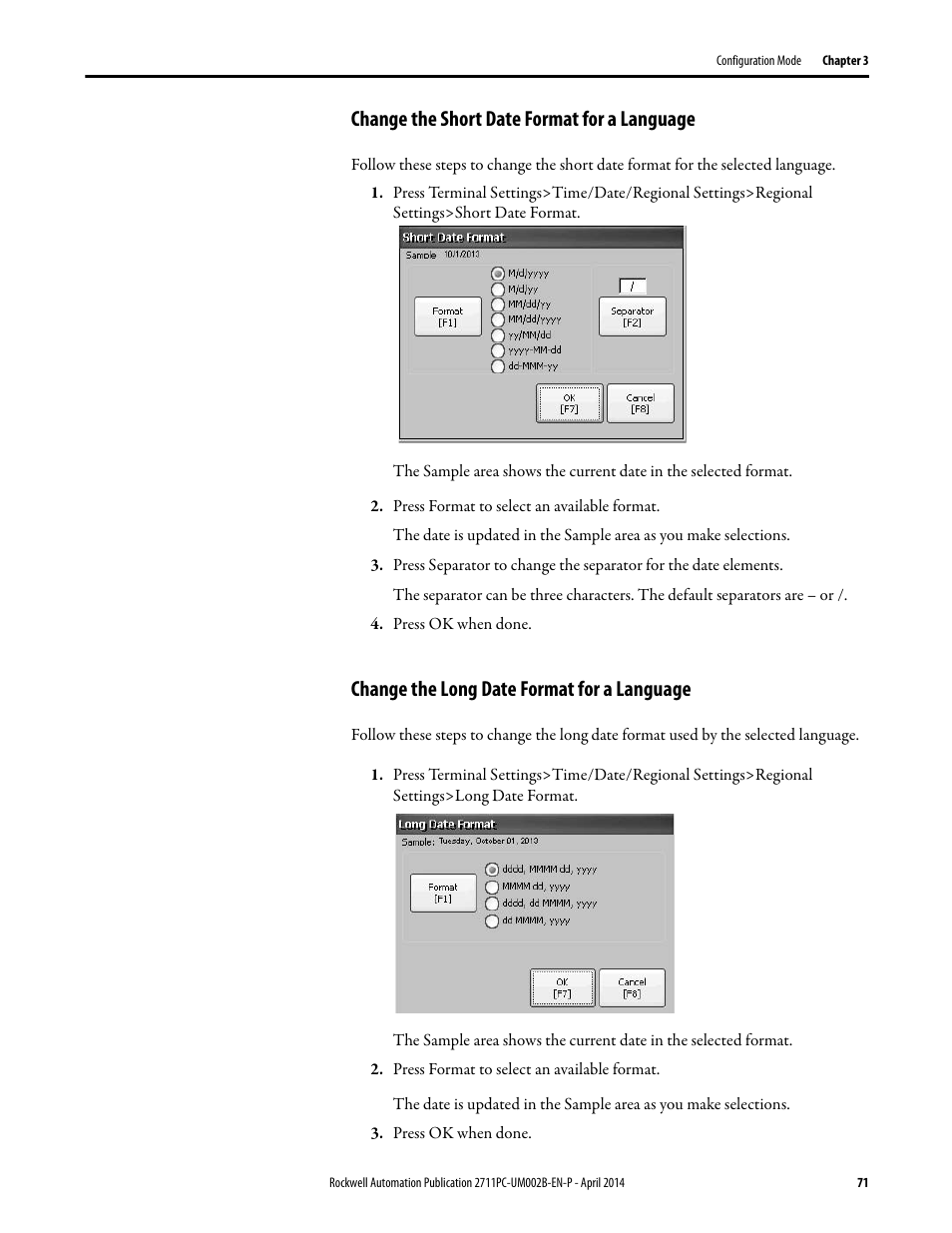 Change the short date format for a language, Change the long date format for a language | Rockwell Automation 2711PC-xxxx PanelView Plus 6 Compact Terminals User Manual User Manual | Page 71 / 162