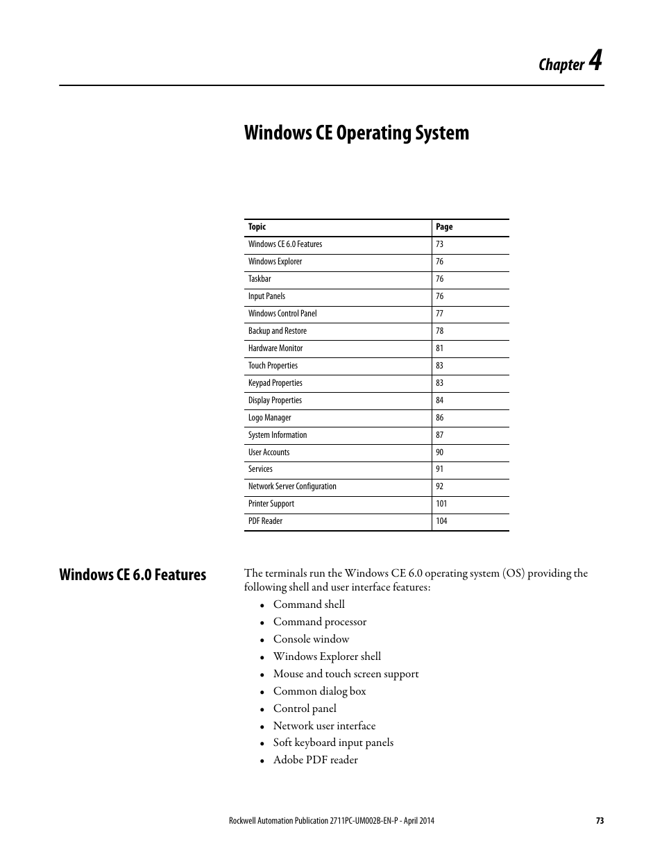 4 - windows ce operating system, Windows ce 6.0 features, Chapter 4 | Windows ce operating system, Chapter | Rockwell Automation 2711PC-xxxx PanelView Plus 6 Compact Terminals User Manual User Manual | Page 73 / 162