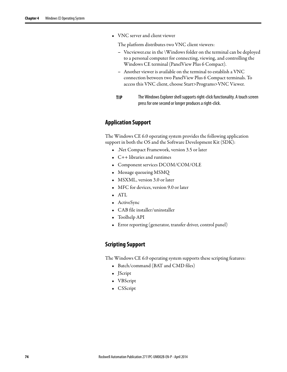 Application support, Scripting support | Rockwell Automation 2711PC-xxxx PanelView Plus 6 Compact Terminals User Manual User Manual | Page 74 / 162