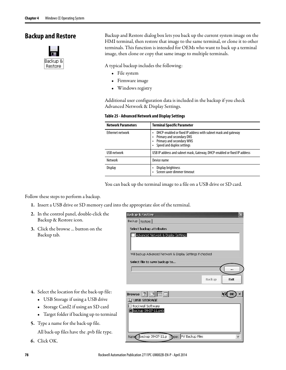 Backup and restore | Rockwell Automation 2711PC-xxxx PanelView Plus 6 Compact Terminals User Manual User Manual | Page 78 / 162