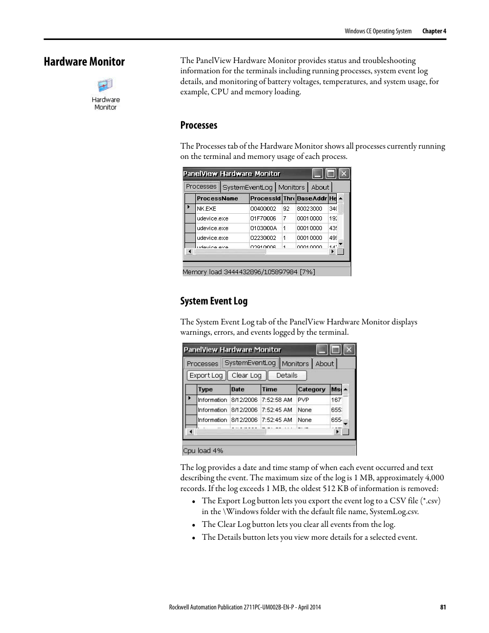Hardware monitor, Processes, System event log | Rockwell Automation 2711PC-xxxx PanelView Plus 6 Compact Terminals User Manual User Manual | Page 81 / 162