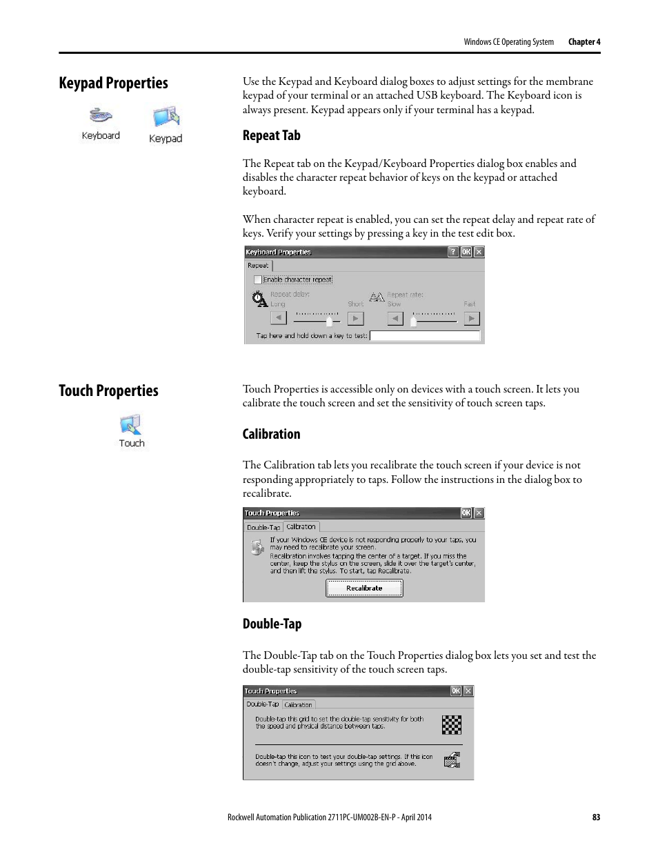Keypad properties, Repeat tab, Touch properties | Calibration, Double-tap, Keypad properties touch properties | Rockwell Automation 2711PC-xxxx PanelView Plus 6 Compact Terminals User Manual User Manual | Page 83 / 162