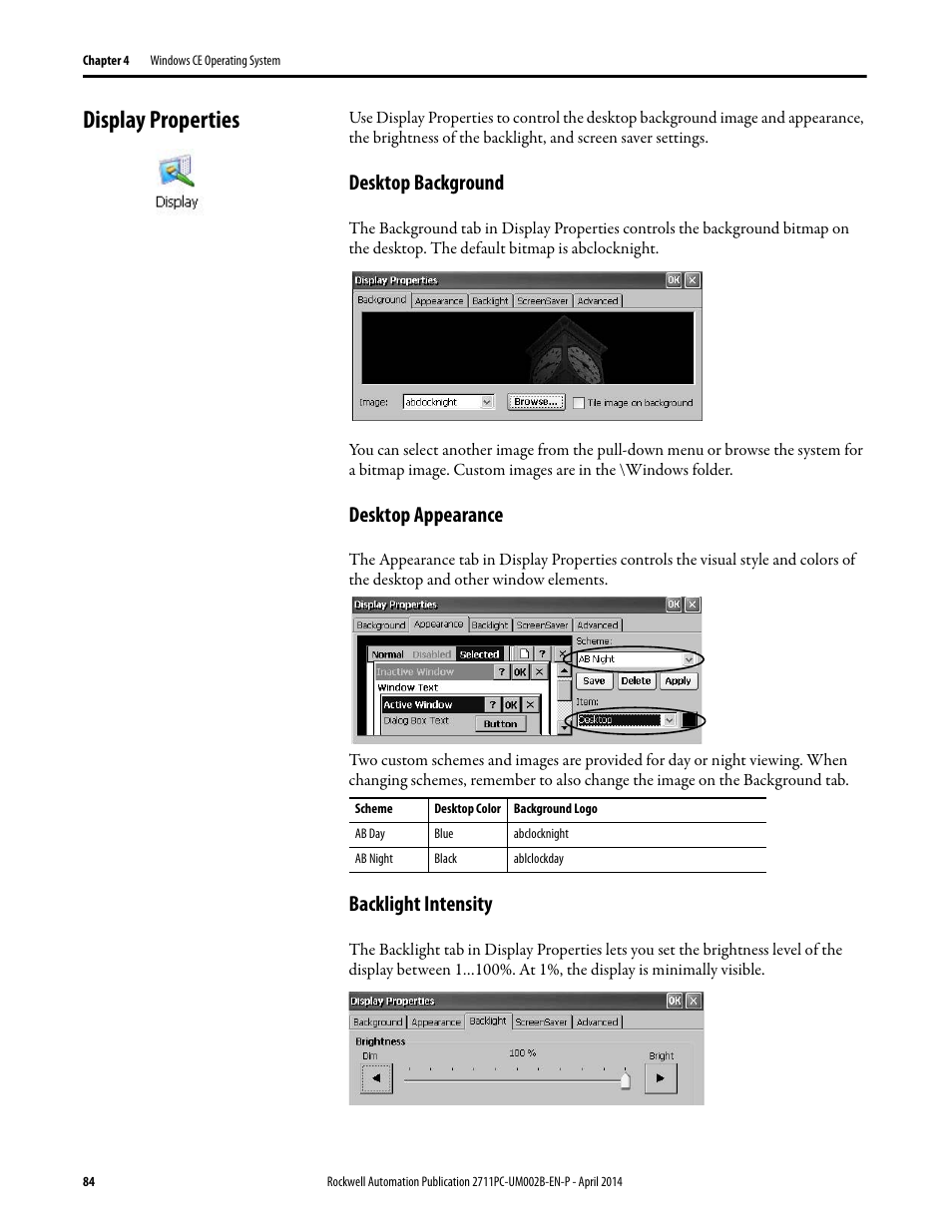 Display properties, Desktop background, Desktop appearance | Backlight intensity | Rockwell Automation 2711PC-xxxx PanelView Plus 6 Compact Terminals User Manual User Manual | Page 84 / 162