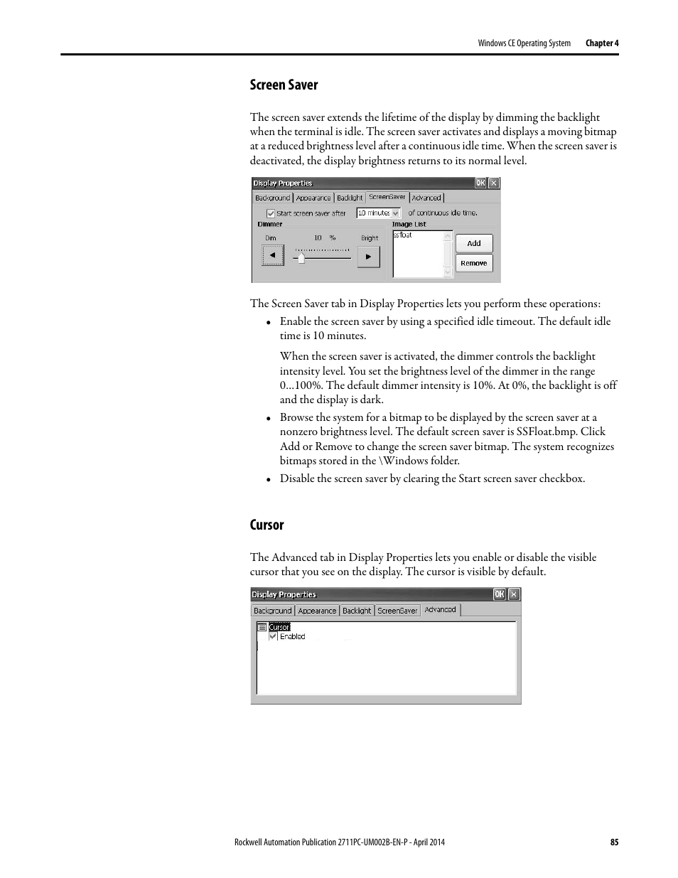 Screen saver, Cursor | Rockwell Automation 2711PC-xxxx PanelView Plus 6 Compact Terminals User Manual User Manual | Page 85 / 162