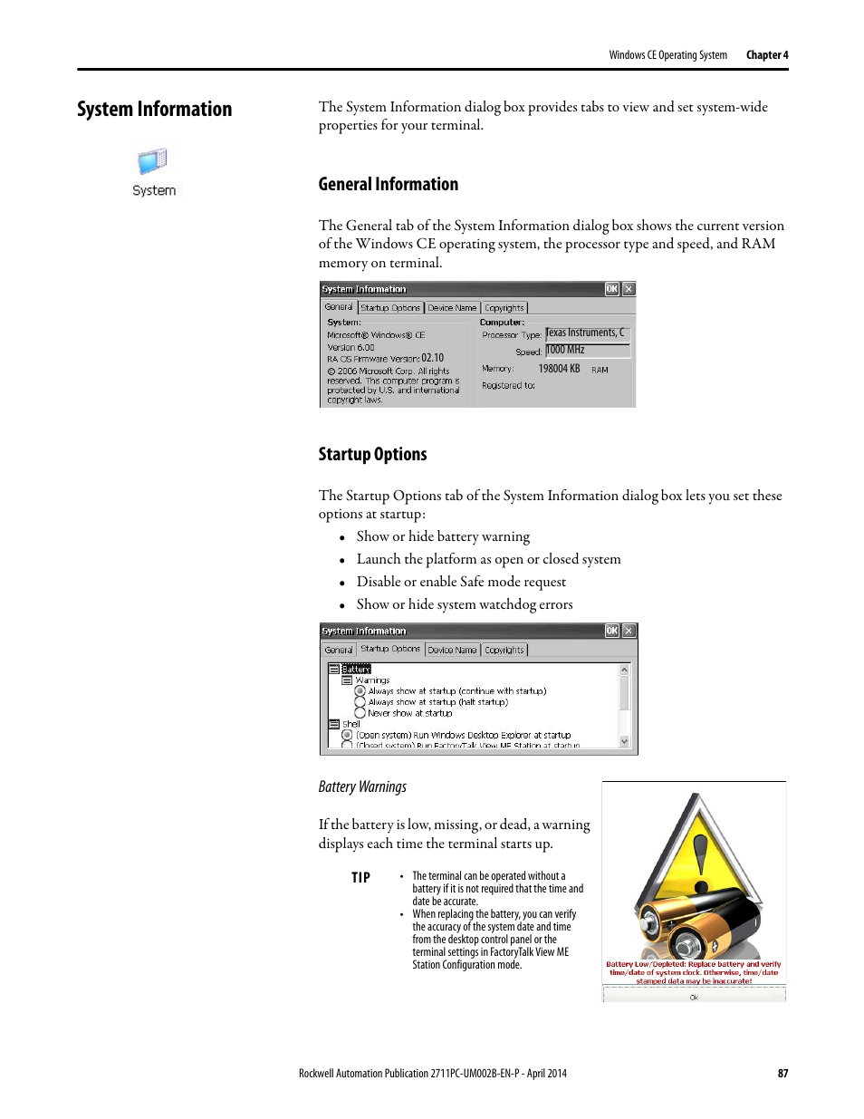 System information, General information, Startup options | Rockwell Automation 2711PC-xxxx PanelView Plus 6 Compact Terminals User Manual User Manual | Page 87 / 162