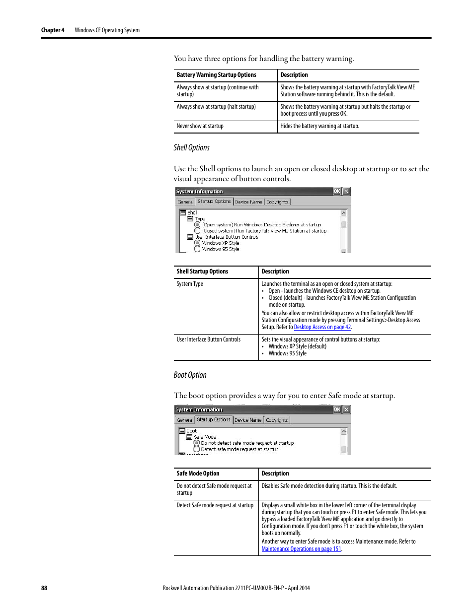 Shell options, Boot option | Rockwell Automation 2711PC-xxxx PanelView Plus 6 Compact Terminals User Manual User Manual | Page 88 / 162