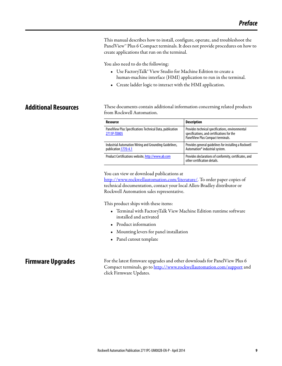Preface, Additional resources, Firmware upgrades | Additional resources firmware upgrades | Rockwell Automation 2711PC-xxxx PanelView Plus 6 Compact Terminals User Manual User Manual | Page 9 / 162