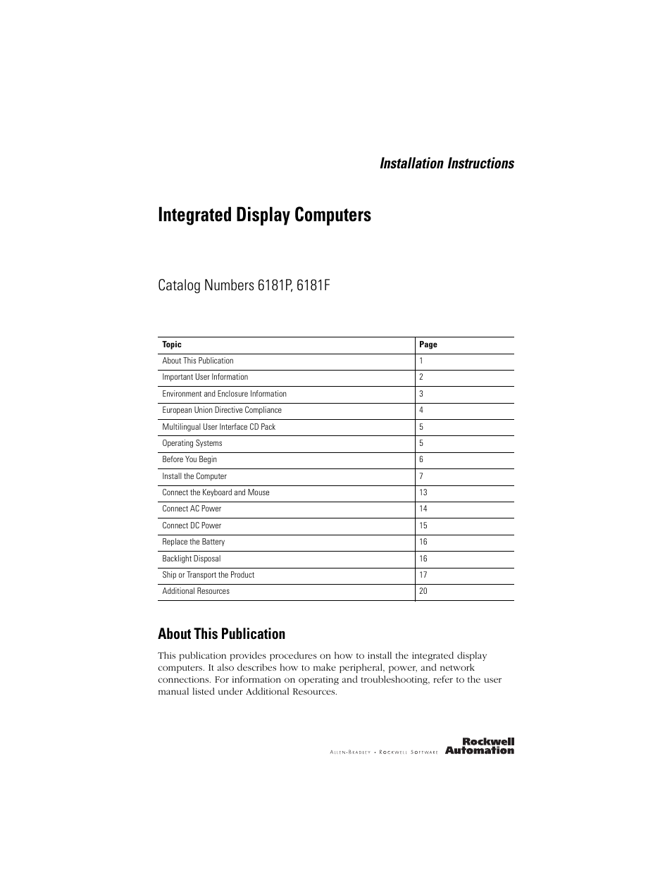 Rockwell Automation 6181P_F VersaView 6181P Integrated Display Computers Install User Manual | 20 pages