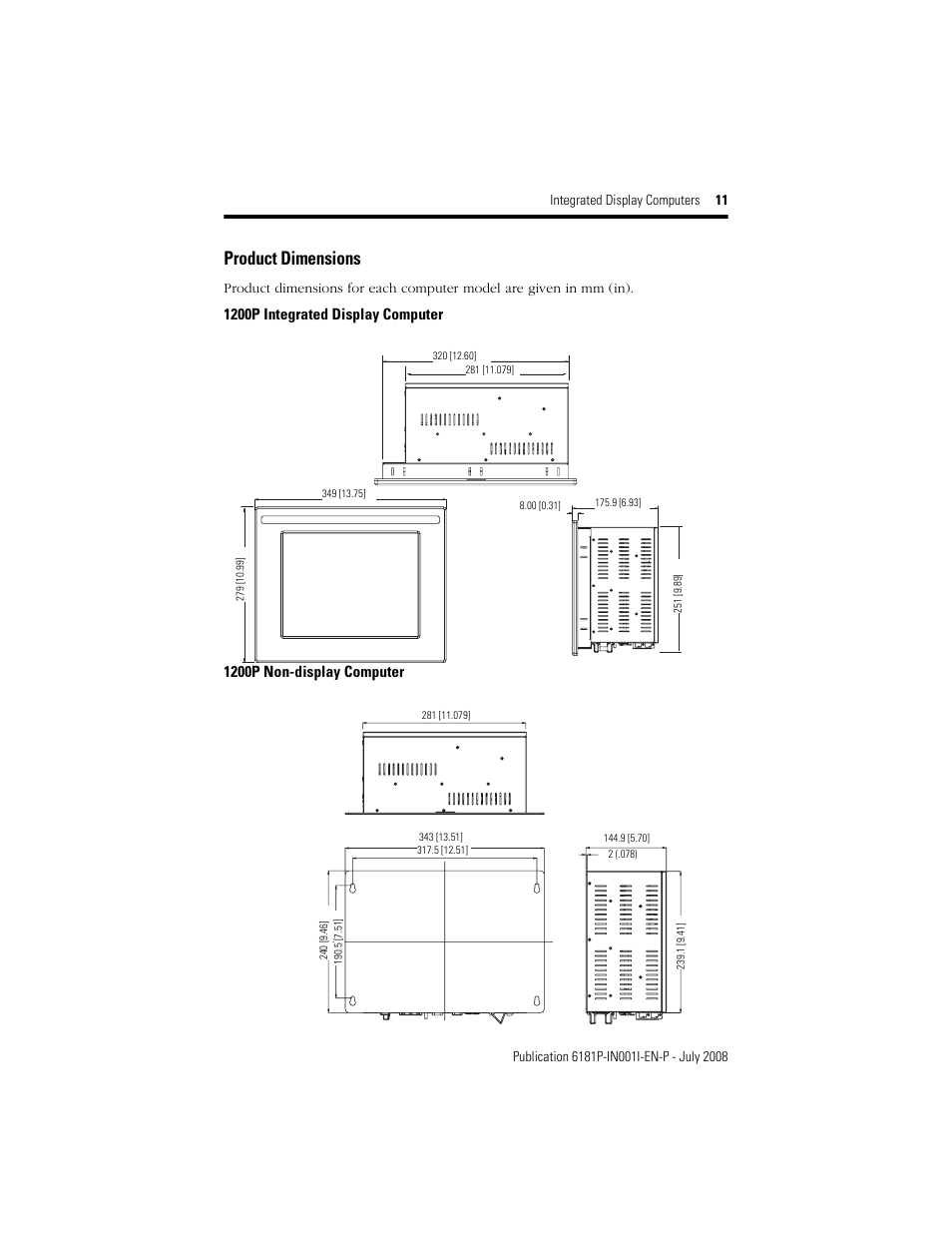 Product dimensions | Rockwell Automation 6181P_F VersaView 6181P Integrated Display Computers Install User Manual | Page 11 / 20