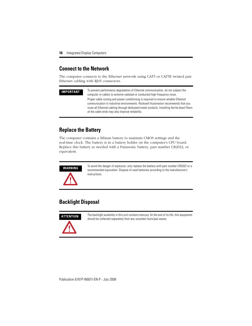 Replace the battery, Backlight disposal, Connect to the network | Rockwell Automation 6181P_F VersaView 6181P Integrated Display Computers Install User Manual | Page 16 / 20