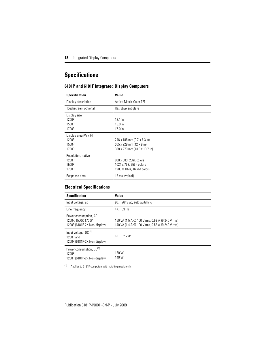 Specifications | Rockwell Automation 6181P_F VersaView 6181P Integrated Display Computers Install User Manual | Page 18 / 20