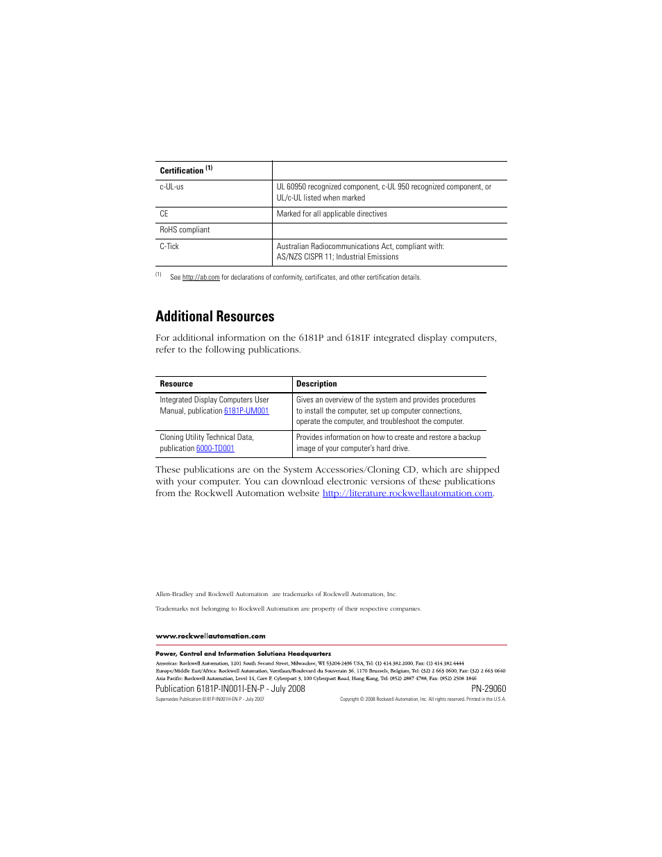 Additional resources, Back cover | Rockwell Automation 6181P_F VersaView 6181P Integrated Display Computers Install User Manual | Page 20 / 20
