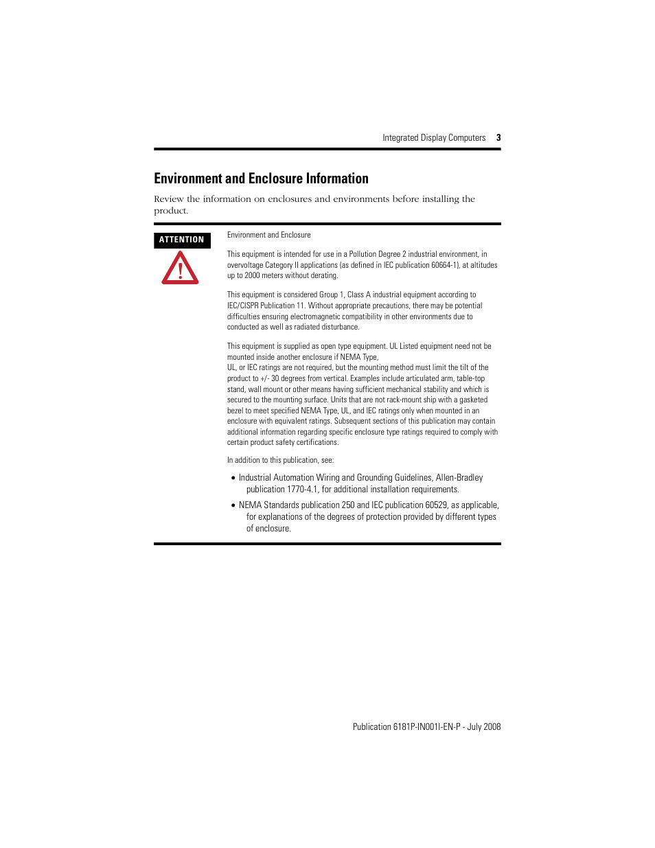 Environment and enclosure information | Rockwell Automation 6181P_F VersaView 6181P Integrated Display Computers Install User Manual | Page 3 / 20