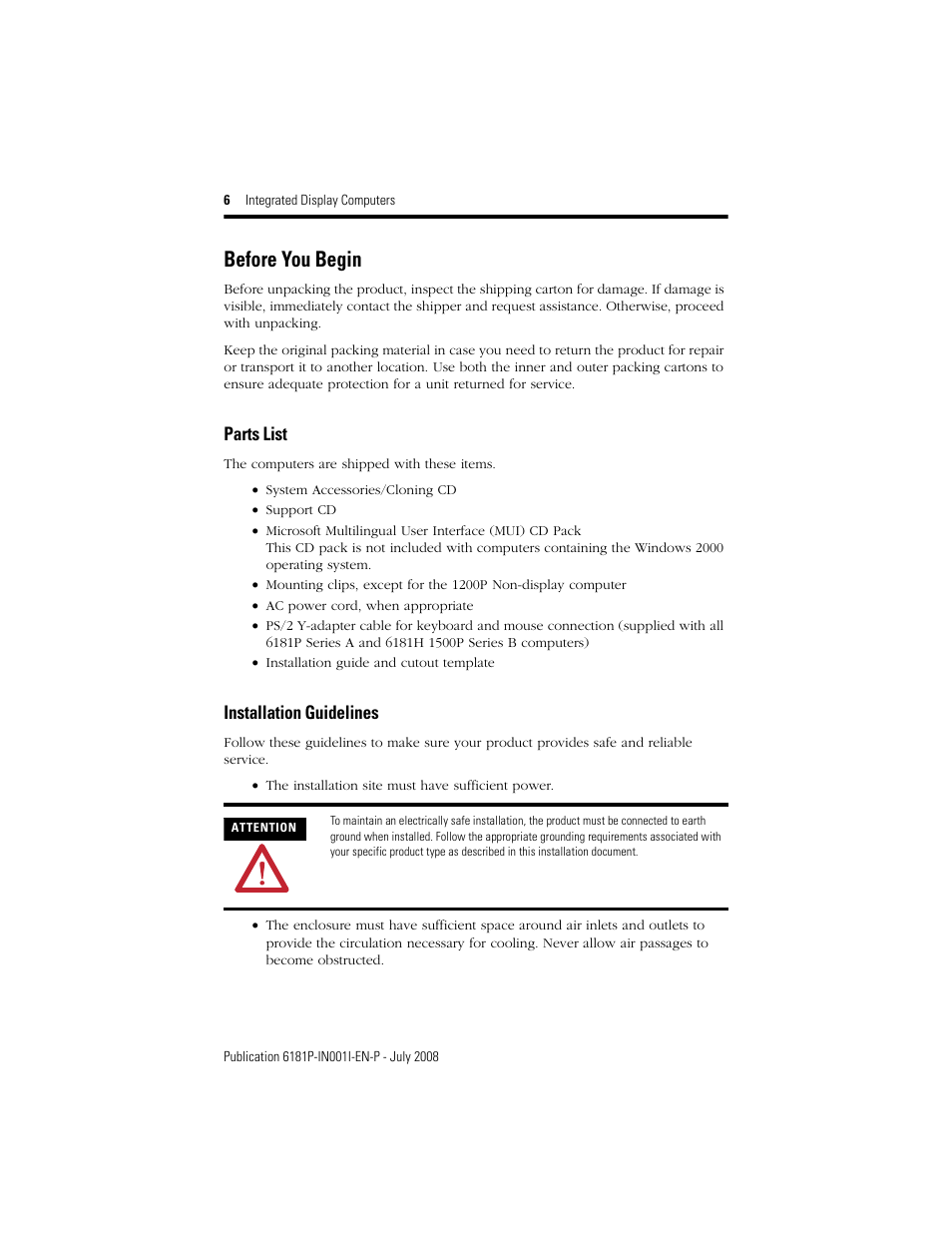 Before you begin, Parts list, Installation guidelines | Rockwell Automation 6181P_F VersaView 6181P Integrated Display Computers Install User Manual | Page 6 / 20