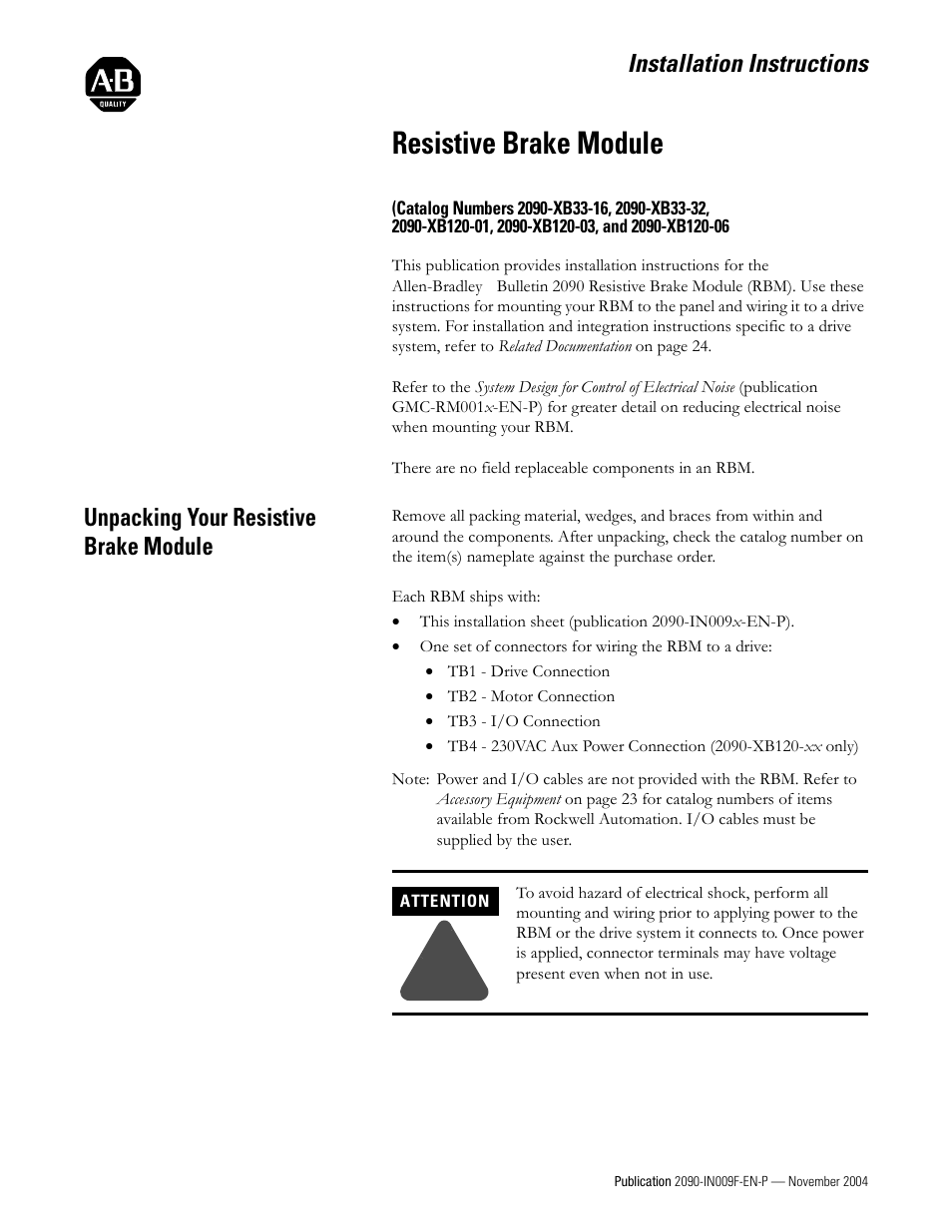 Rockwell Automation 2090-XBxxx Resistive Brake Module Installation Instructions User Manual | 24 pages