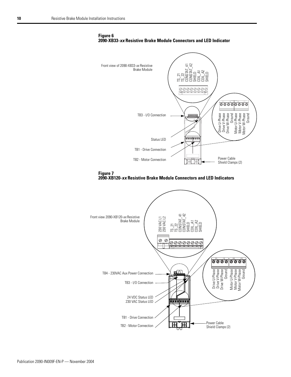 Tb1 - drive connection, Tb2 - motor connection, Tb3 - i/o connection | Tb4 - 230vac aux power connection, Status led, 24 vdc status led, 230 vac status led | Rockwell Automation 2090-XBxxx Resistive Brake Module Installation Instructions User Manual | Page 10 / 24