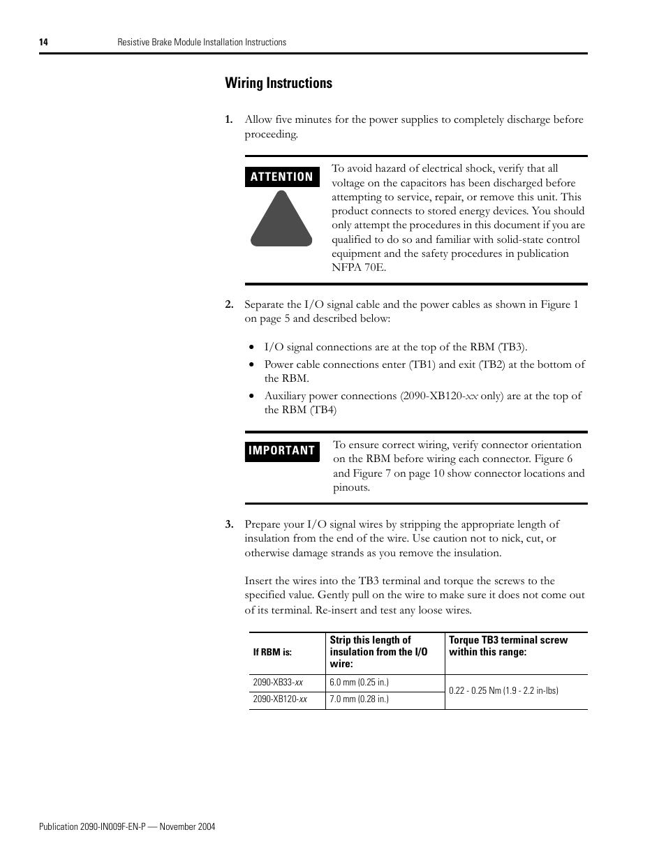 Wiring instructions | Rockwell Automation 2090-XBxxx Resistive Brake Module Installation Instructions User Manual | Page 14 / 24