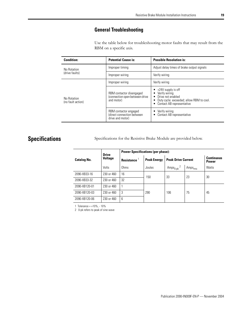 General troubleshooting, Specifications, Power | Rockwell Automation 2090-XBxxx Resistive Brake Module Installation Instructions User Manual | Page 19 / 24