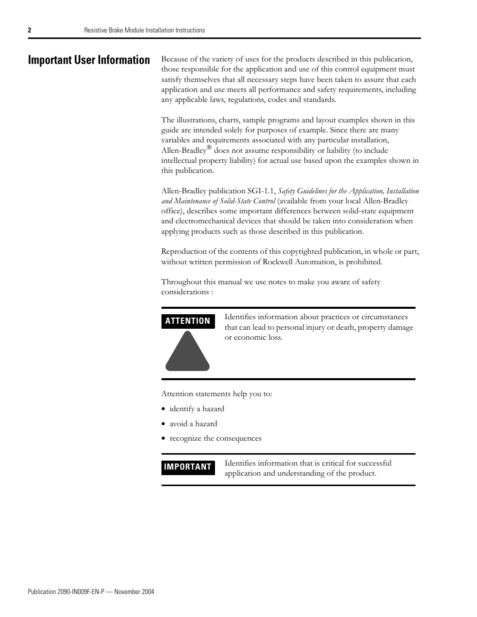 Important user information | Rockwell Automation 2090-XBxxx Resistive Brake Module Installation Instructions User Manual | Page 2 / 24