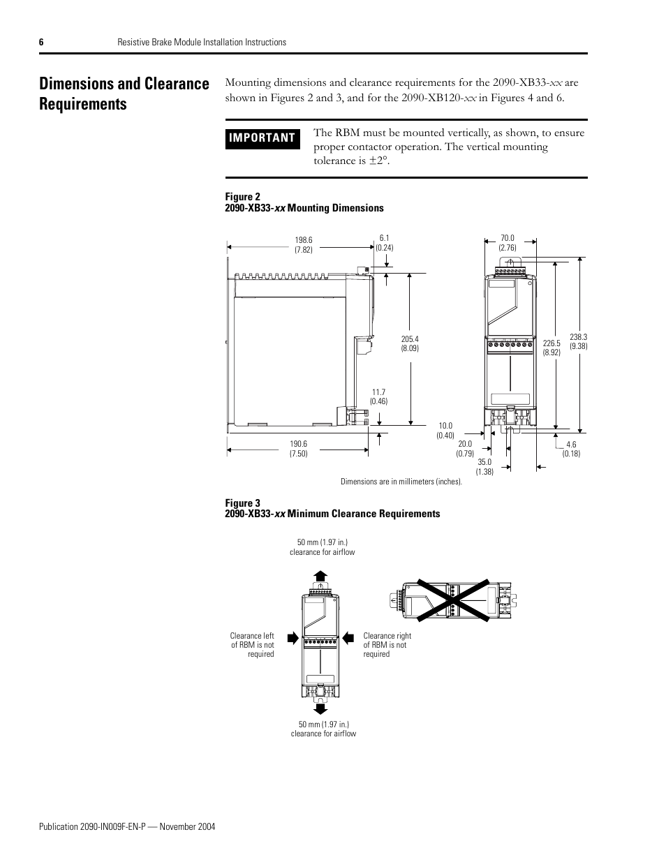 Dimensions and clearance requirements, Figure 2 and 3) | Rockwell Automation 2090-XBxxx Resistive Brake Module Installation Instructions User Manual | Page 6 / 24