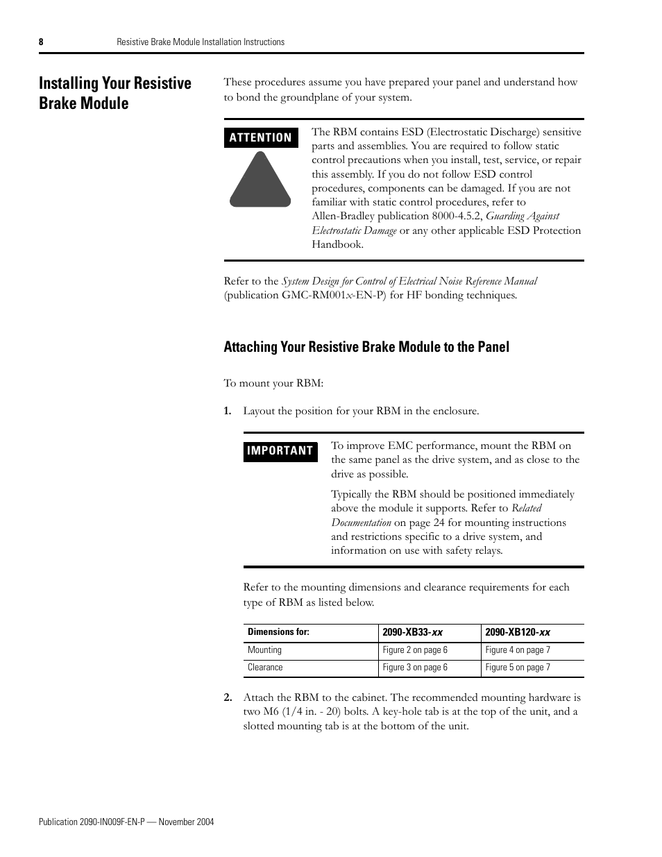 Installing your resistive brake module, Attaching your resistive brake module to the panel | Rockwell Automation 2090-XBxxx Resistive Brake Module Installation Instructions User Manual | Page 8 / 24
