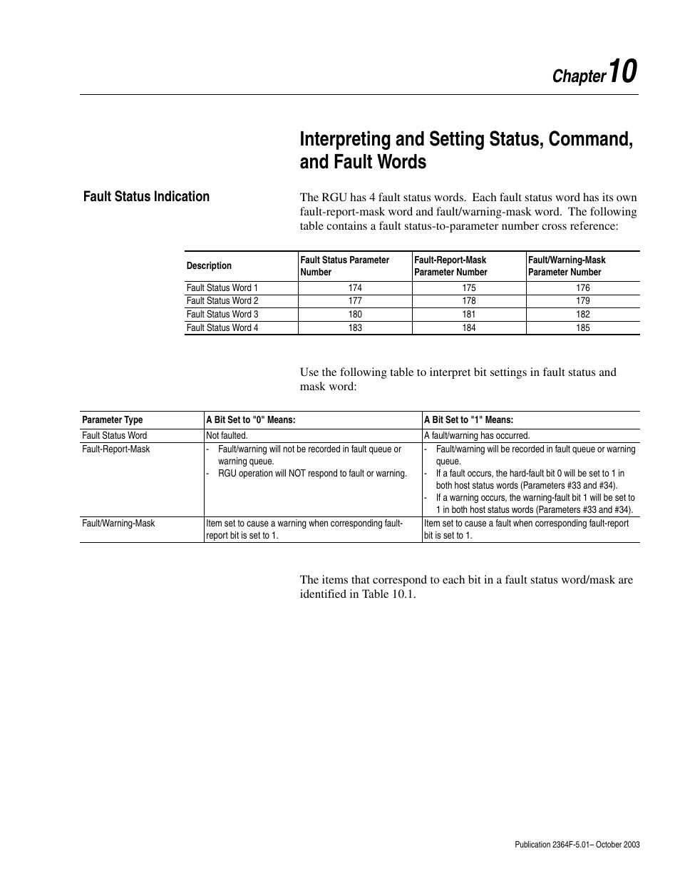 Chapter 10, Fault status indication, Fault status indication -1 | Chapter | Rockwell Automation 2364F Regenerative DC Bus Supply Unit (RGU) User Manual | Page 107 / 222