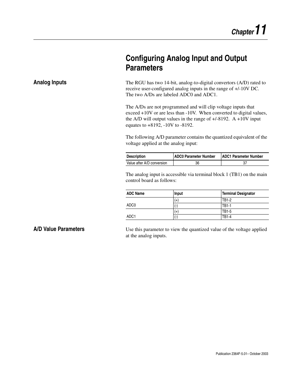 Chapter 11, Analog inputs, A/d value parameters | Configuring analog input and output parameters, Analog inputs -1 a/d value parameters -1, Chapter | Rockwell Automation 2364F Regenerative DC Bus Supply Unit (RGU) User Manual | Page 113 / 222