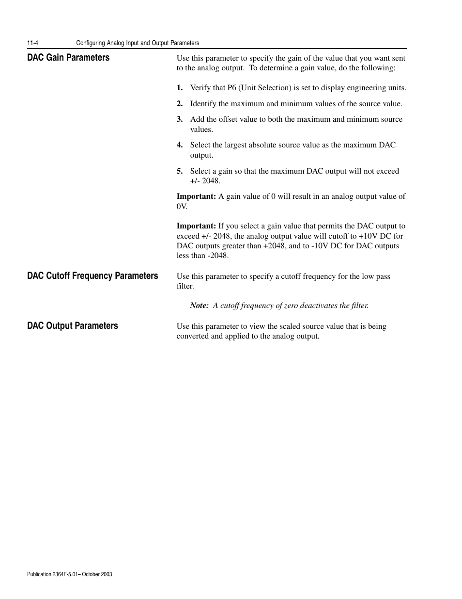 Dac gain parameters, Dac cutoff frequency parameters, Dac output parameters | Rockwell Automation 2364F Regenerative DC Bus Supply Unit (RGU) User Manual | Page 116 / 222