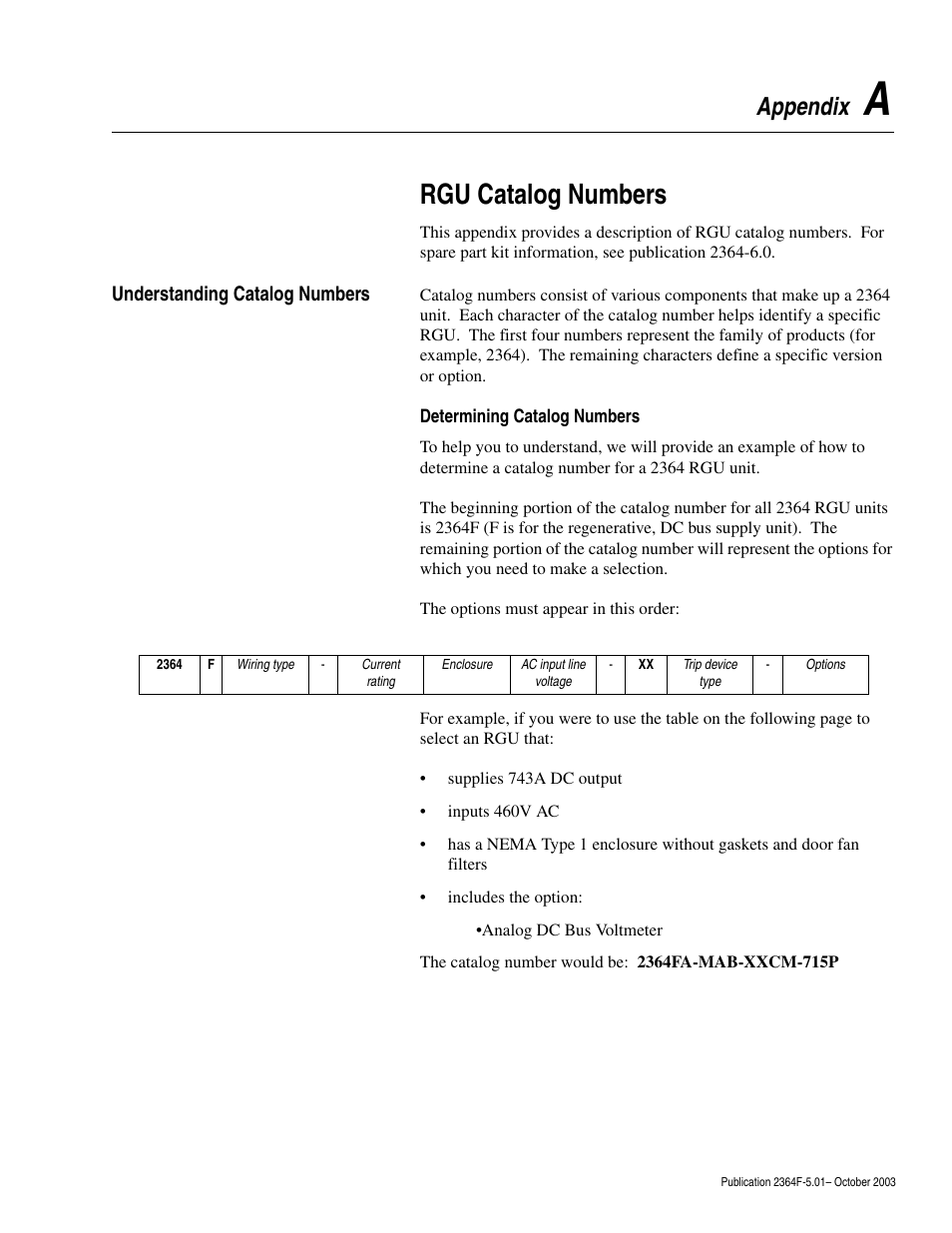 Appendix a, Understanding catalog numbers, Determining catalog numbers | Rgu catalog numbers, Appendix | Rockwell Automation 2364F Regenerative DC Bus Supply Unit (RGU) User Manual | Page 129 / 222