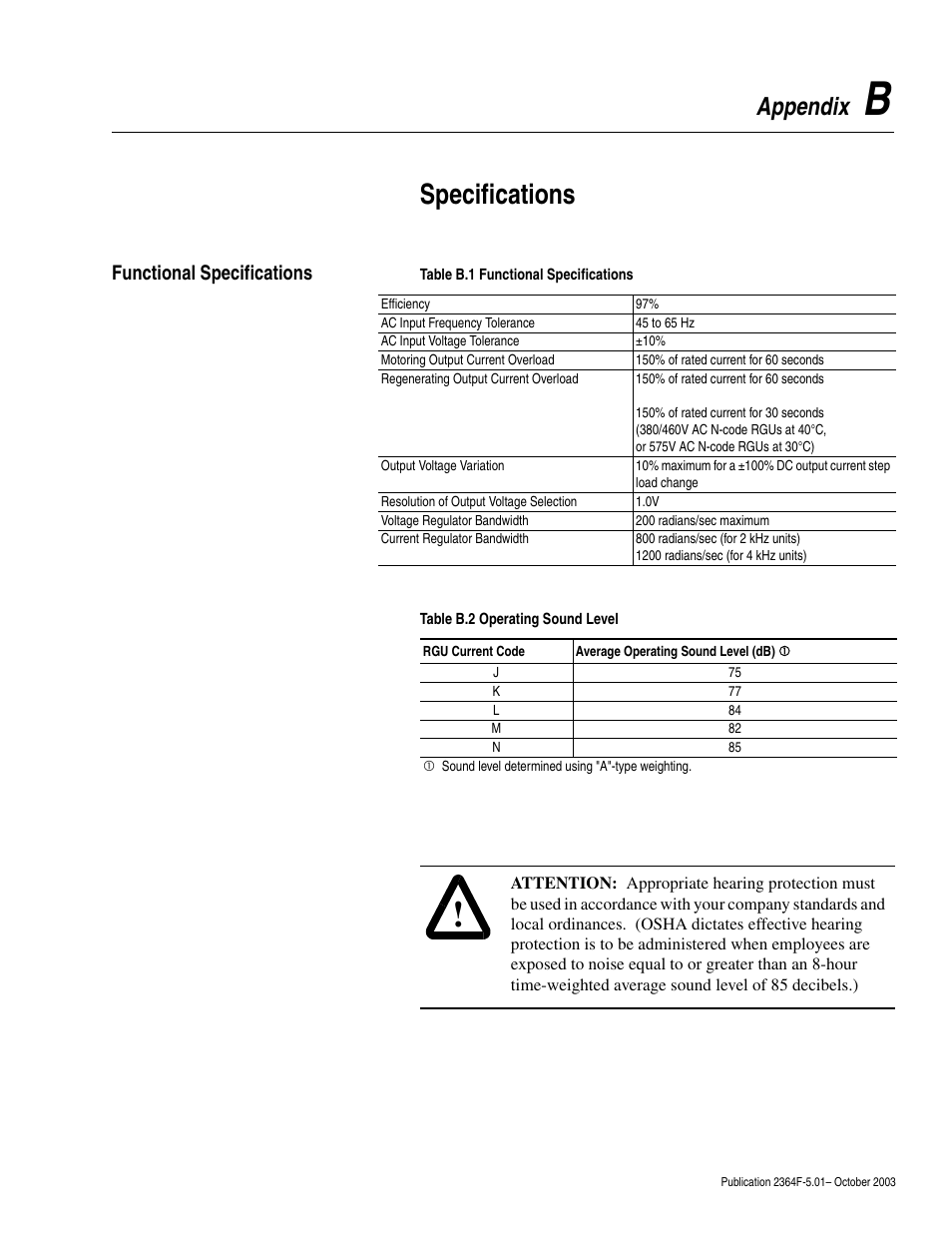 Appendix b, Functional specifications, Specifications | Appendix | Rockwell Automation 2364F Regenerative DC Bus Supply Unit (RGU) User Manual | Page 133 / 222