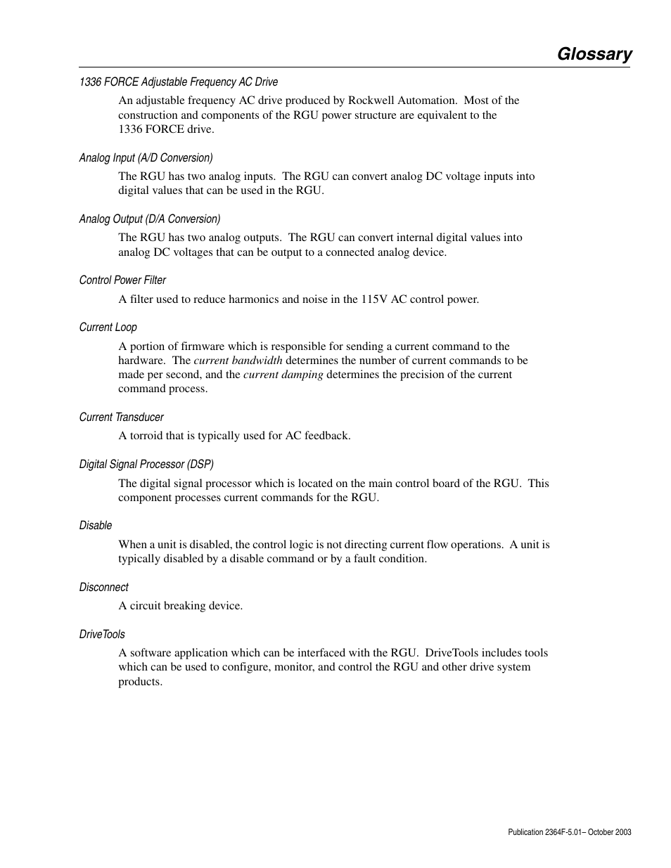 Glossary | Rockwell Automation 2364F Regenerative DC Bus Supply Unit (RGU) User Manual | Page 213 / 222