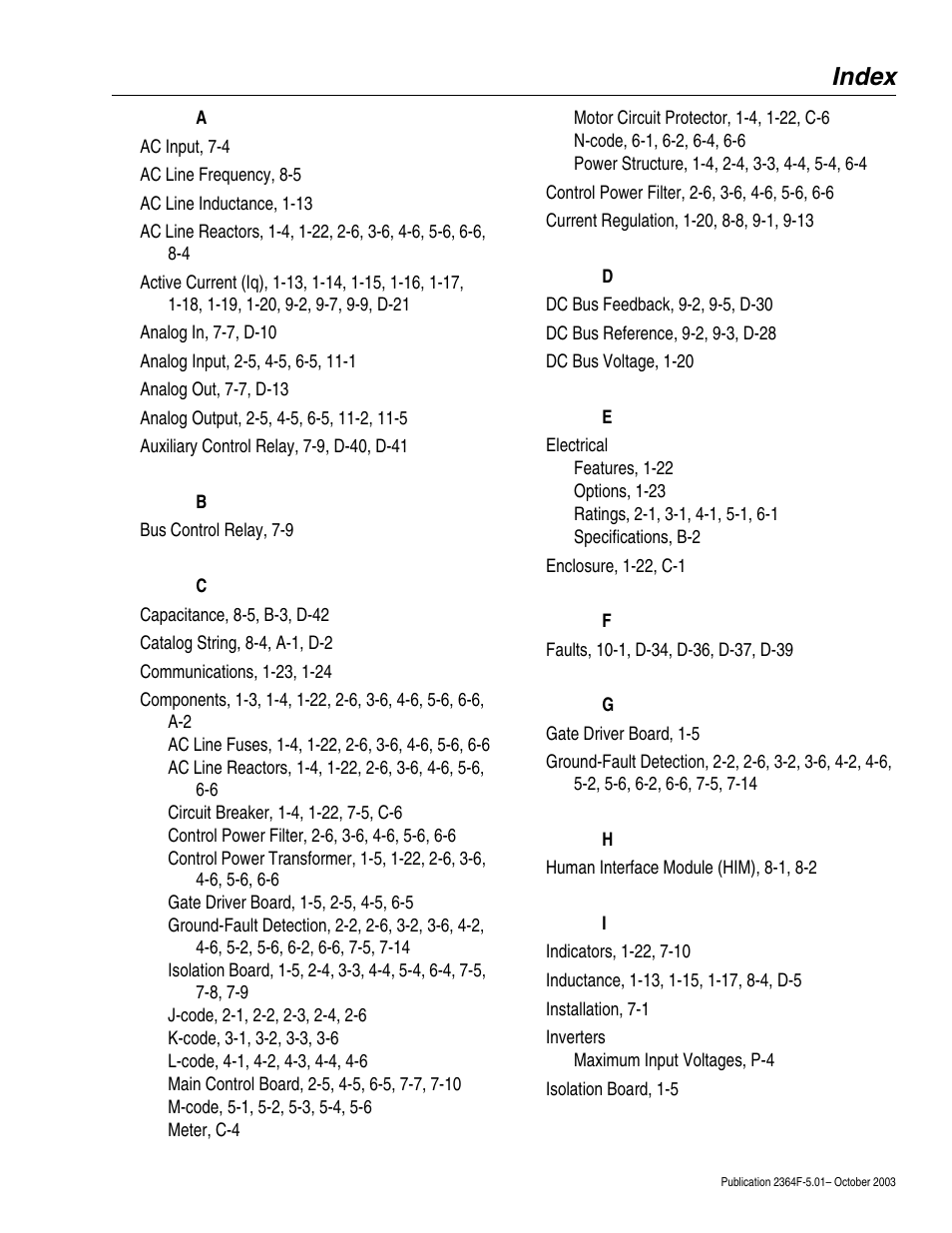 Index | Rockwell Automation 2364F Regenerative DC Bus Supply Unit (RGU) User Manual | Page 217 / 222