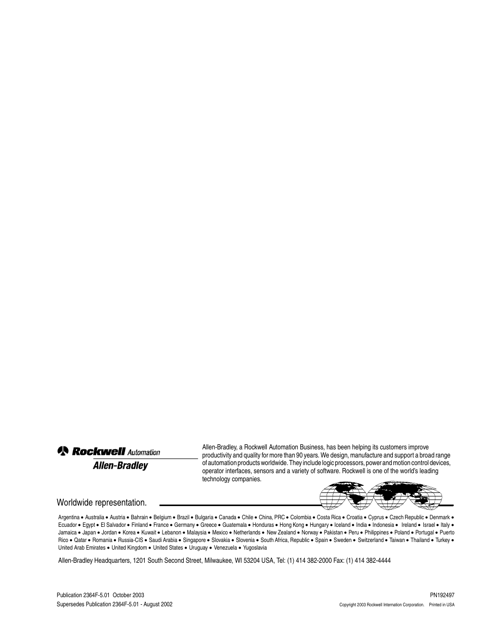 Pub. no. / date, Worldwide representation | Rockwell Automation 2364F Regenerative DC Bus Supply Unit (RGU) User Manual | Page 222 / 222
