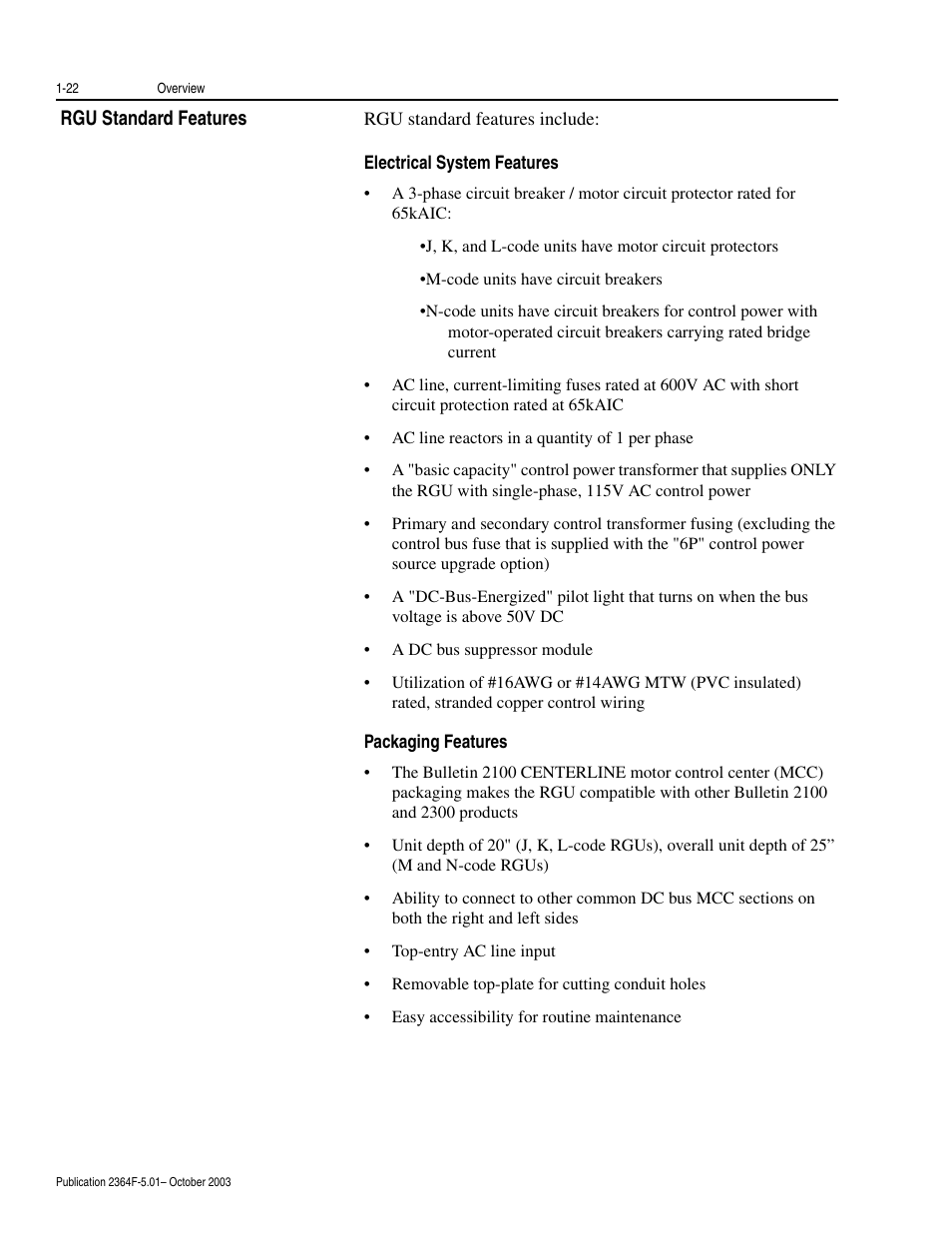 Rgu standard features, Electrical system features, Packaging features | Rgu standard features -22 | Rockwell Automation 2364F Regenerative DC Bus Supply Unit (RGU) User Manual | Page 38 / 222