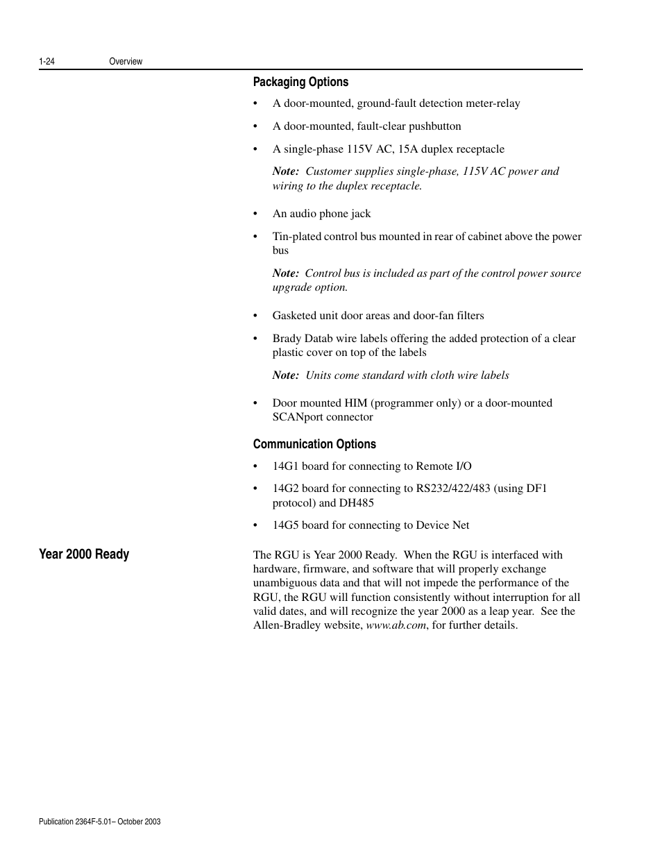 Packaging options, Communication options, Year 2000 ready | Packaging options -24 communication options -24, Year 2000 ready -24 | Rockwell Automation 2364F Regenerative DC Bus Supply Unit (RGU) User Manual | Page 40 / 222