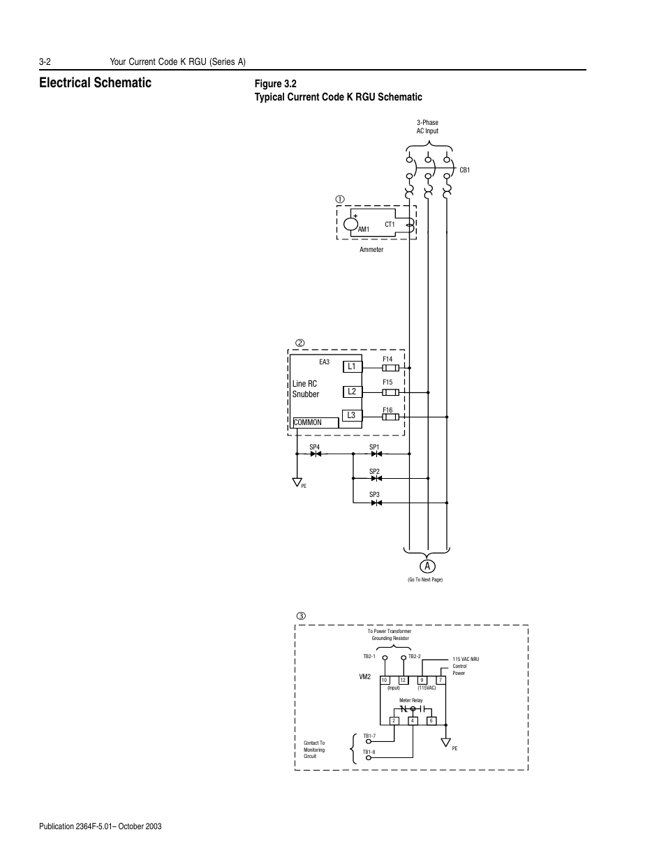 Electrical schematic, Electrical schematic -2, Figure 3.2 typical current code k rgu schematic | 2 your current code k rgu (series a) | Rockwell Automation 2364F Regenerative DC Bus Supply Unit (RGU) User Manual | Page 48 / 222